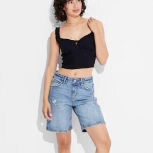 NWT Wild Fable Bow Lace Trim Smocked Back Corset Tank Top Black Women's XXS